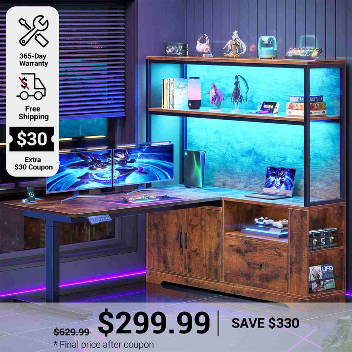 SEDETA 48.6 Inch Standing Desk Height Adjustable Electric L Shaped Stand Up Computer Gaming Desk with Drawers Hutch Power Outlets