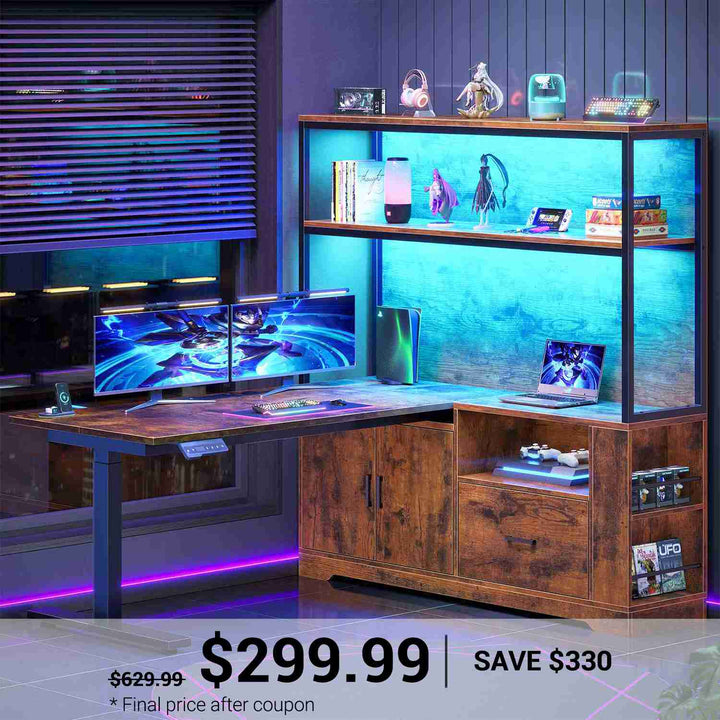 SEDETA 48.6 Inch Standing Desk Height Adjustable Electric L Shaped Stand Up Computer Gaming Desk with Drawers Hutch Power Outlets