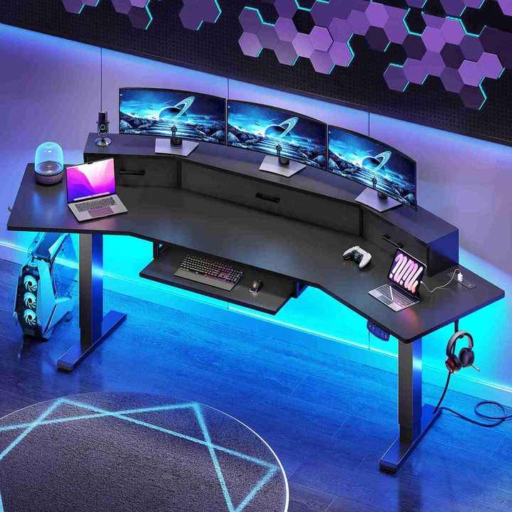SEDETA 78 Inch Electric Standing Gaming Desk with Drawers Led Lights Height Adjustable Computer Desk with Power Outlet Keyboard Tray