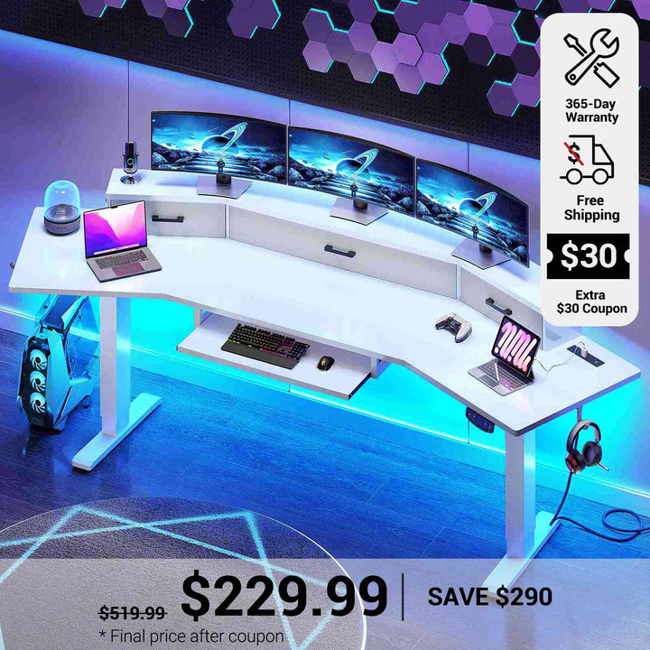 SEDETA 78 Inch Electric Standing Gaming Desk with Drawers Led Lights Height Adjustable Computer Desk with Power Outlet Keyboard Tray