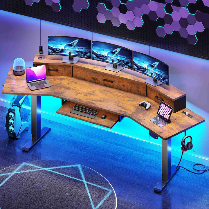 SEDETA 78 Inch Electric Standing Gaming Desk with Drawers Led Lights Height Adjustable Computer Desk with Power Outlet Keyboard Tray