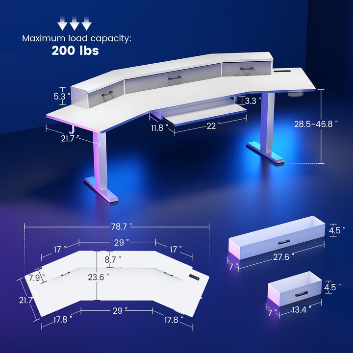 SEDETA 78 Inch Electric Standing Gaming Desk with Drawers Led Lights Height Adjustable Computer Desk with Power Outlet Keyboard Tray