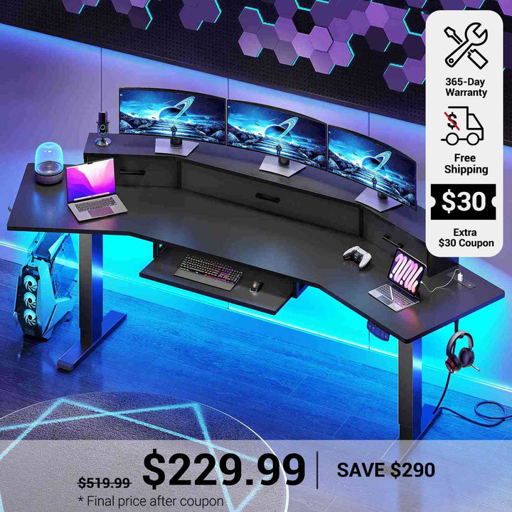 SEDETA 78 Inch Electric Standing Gaming Desk with Drawers Led Lights Height Adjustable Computer Desk with Power Outlet Keyboard Tray