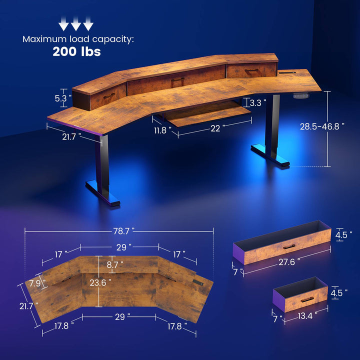 SEDETA 78 Inch Electric Standing Gaming Desk with Drawers Led Lights Height Adjustable Computer Desk with Power Outlet Keyboard Tray