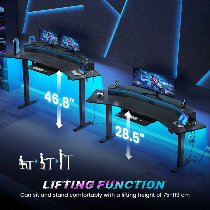 SEDETA 78 Inch Electric Standing Gaming Desk with Drawers Led Lights Height Adjustable Computer Desk with Power Outlet Keyboard Tray