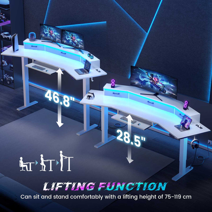 SEDETA 78 Inch Electric Standing Gaming Desk with Drawers Led Lights Height Adjustable Computer Desk with Power Outlet Keyboard Tray