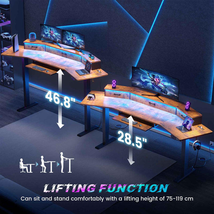 SEDETA 78 Inch Electric Standing Gaming Desk with Drawers Led Lights Height Adjustable Computer Desk with Power Outlet Keyboard Tray