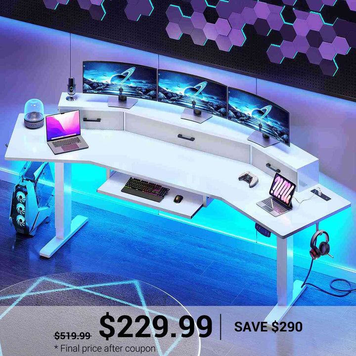 SEDETA 78 Inch Electric Standing Gaming Desk with Drawers Led Lights Height Adjustable Computer Desk with Power Outlet Keyboard Tray