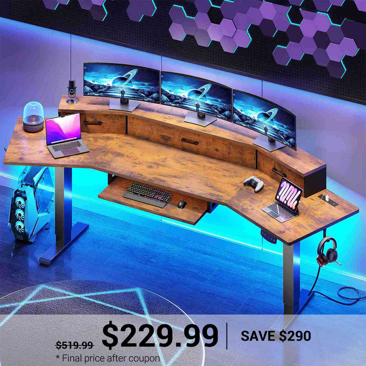 SEDETA 78 Inch Electric Standing Gaming Desk with Drawers Led Lights Height Adjustable Computer Desk with Power Outlet Keyboard Tray
