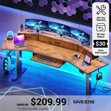 SEDETA® 78 Inch Electric Standing Desk Height Adjustable Computer Gaming Desk with Led Lights Drawers Power Outlet Keyboard Tray