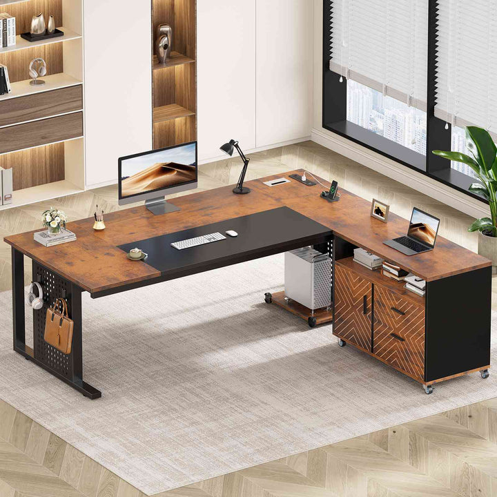 SEDETA | 71 Inch Computer Desk with Rolling File Cabinet Executive Desk with Power Outlets CPU Stand Pegboard and Storage Shelves