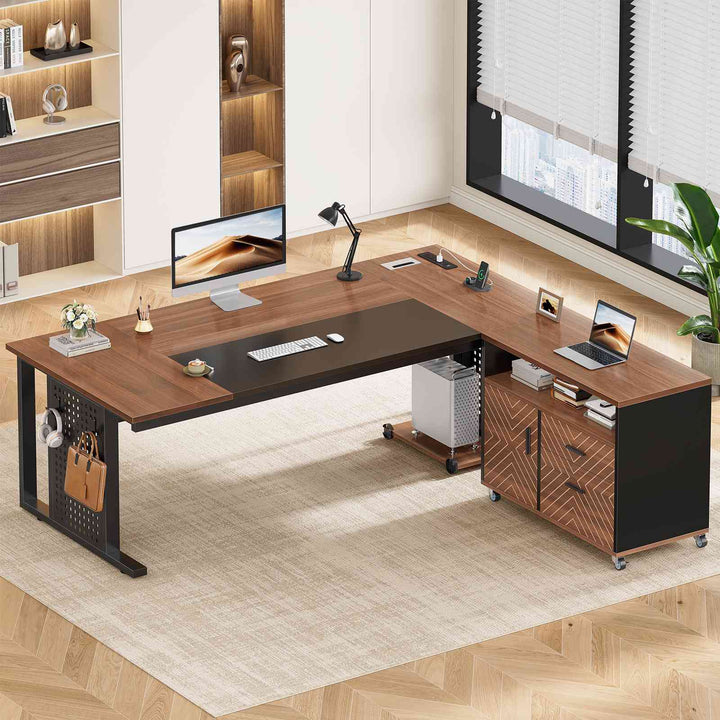 SEDETA | 71 Inch Computer Desk with Rolling File Cabinet Executive Desk with Power Outlets CPU Stand Pegboard and Storage Shelves