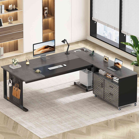 SEDETA | 71 Inch Computer Desk with Rolling File Cabinet Executive Desk with Power Outlets CPU Stand Pegboard and Storage Shelves