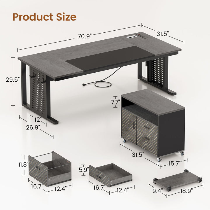 SEDETA | 71 Inch Computer Desk with Rolling File Cabinet Executive Desk with Power Outlets CPU Stand Pegboard and Storage Shelves
