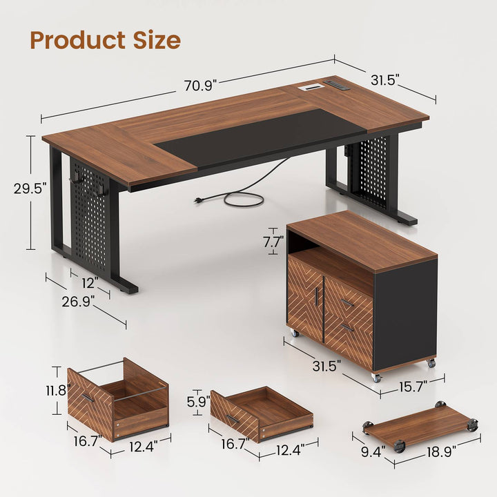 SEDETA | 71 Inch Computer Desk with Rolling File Cabinet Executive Desk with Power Outlets CPU Stand Pegboard and Storage Shelves