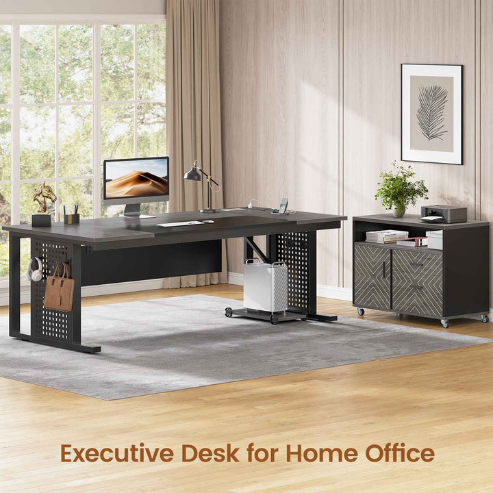SEDETA | 71 Inch Computer Desk with Rolling File Cabinet Executive Desk with Power Outlets CPU Stand Pegboard and Storage Shelves