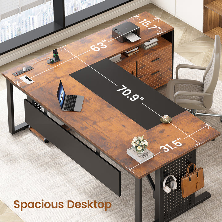 SEDETA | 71 Inch Computer Desk with Rolling File Cabinet Executive Desk with Power Outlets CPU Stand Pegboard and Storage Shelves