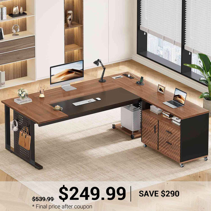 SEDETA | 71 Inch Computer Desk with Rolling File Cabinet Executive Desk with Power Outlets CPU Stand Pegboard and Storage Shelves