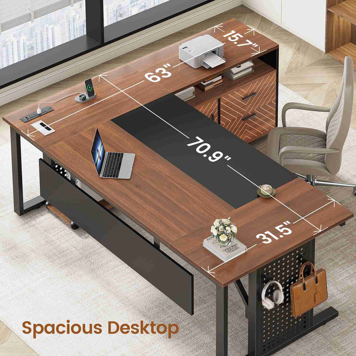 SEDETA | 71 Inch Computer Desk with Rolling File Cabinet Executive Desk with Power Outlets CPU Stand Pegboard and Storage Shelves