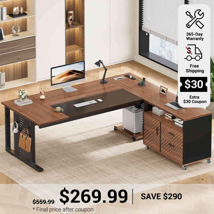 SEDETA 71 Inch Executive Desk with Rolling File Cabinet Office Computer Desk with Drawers Shelves Power Outlets CPU Stand Pegboard