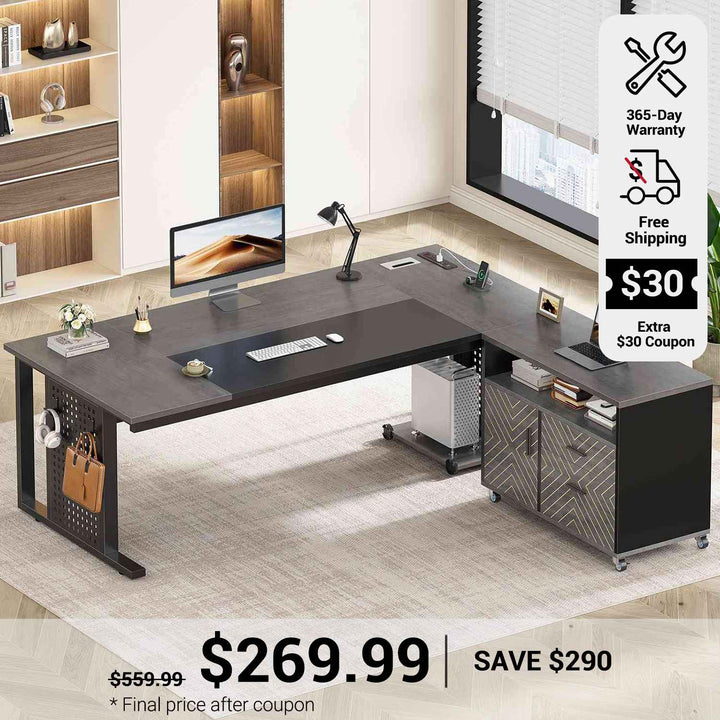 SEDETA 71 Inch Executive Desk with Rolling File Cabinet Office Computer Desk with Drawers Shelves Power Outlets CPU Stand Pegboard