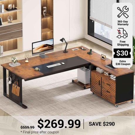 SEDETA 71 Inch Executive Desk with Rolling File Cabinet Office Computer Desk with Drawers Shelves Power Outlets CPU Stand Pegboard