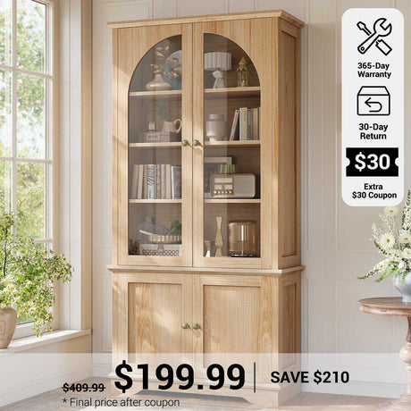 SEDETA® 71 Inch Tall Bookshelves with Storage Cabinet Farmhouse Arched Bookcase with Glass Doors Adjustable Shelves