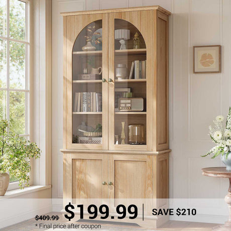 SEDETA | 71 Inch Farmhouse Arched Bookcase Tall Bookshelves with Storage Cabinet Adjustable Shelves and Glass Doors