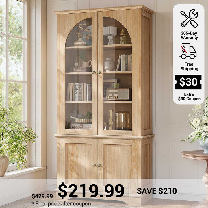 SEDETA 71 Inch Farmhouse Arched Bookcase with Glass Doors Tall Bookshelves with 4-Tier Wooden Pantry Storage Cabinet Adjustable Shelves