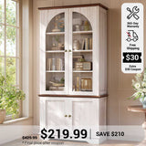 SEDETA 71 Inch Farmhouse Arched Bookcase with Glass Doors Tall Bookshelves with 4-Tier Wooden Pantry Storage Cabinet Adjustable Shelves