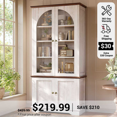 SEDETA 71 Inch Farmhouse Arched Bookcase with Glass Doors Tall Bookshelves with 4-Tier Wooden Pantry Storage Cabinet Adjustable Shelves