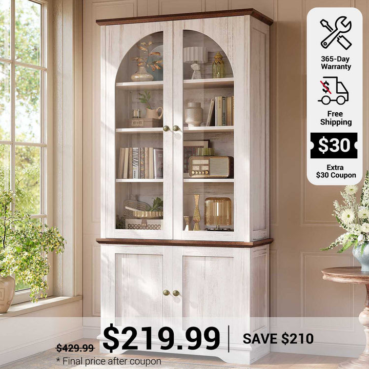 SEDETA 71 Inch Farmhouse Arched Bookcase with Glass Doors Tall Bookshelves with 4-Tier Wooden Pantry Storage Cabinet Adjustable Shelves