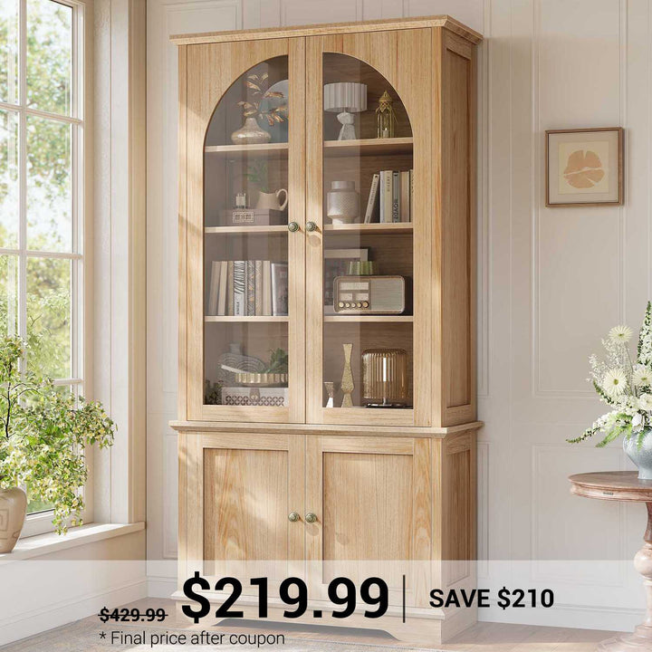SEDETA 71 Inch Farmhouse Arched Bookcase with Glass Doors Tall Bookshelves with 4-Tier Wooden Pantry Storage Cabinet Adjustable Shelves
