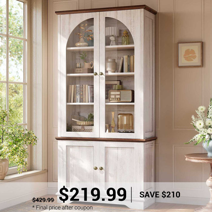SEDETA 71 Inch Farmhouse Arched Bookcase with Glass Doors Tall Bookshelves with 4-Tier Wooden Pantry Storage Cabinet Adjustable Shelves