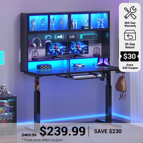 SEDETA 55 Inch Standing Desk Electric Height Adjustable Sit Stand Up Gaming Desk with Led Lights Power Outlet Storage Hutch and Pegboard