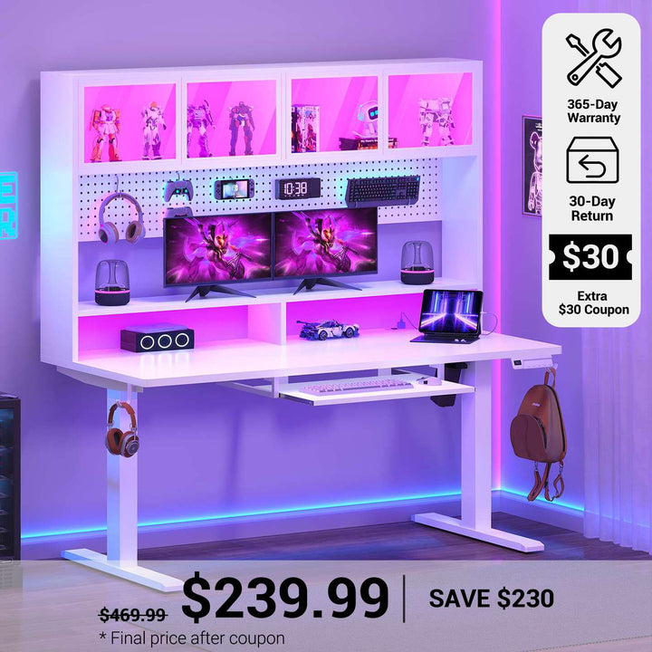 SEDETA 55 Inch Standing Desk Electric Height Adjustable Sit Stand Up Gaming Desk with Led Lights Power Outlet Storage Hutch and Pegboard