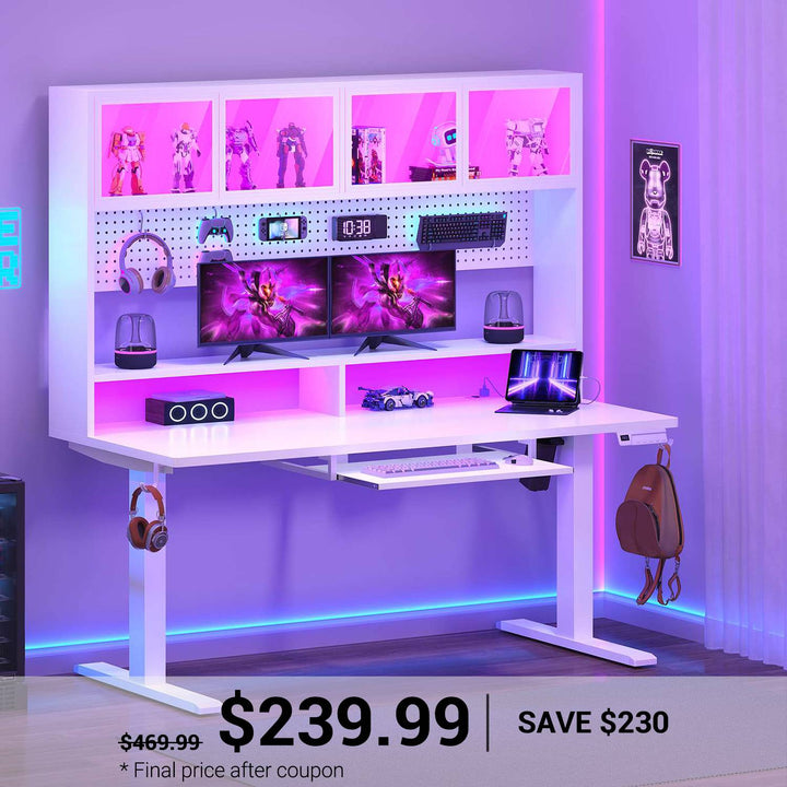 SEDETA 55 Inch Standing Desk Electric Height Adjustable Sit Stand Up Gaming Desk with Led Lights Power Outlet Storage Hutch and Pegboard
