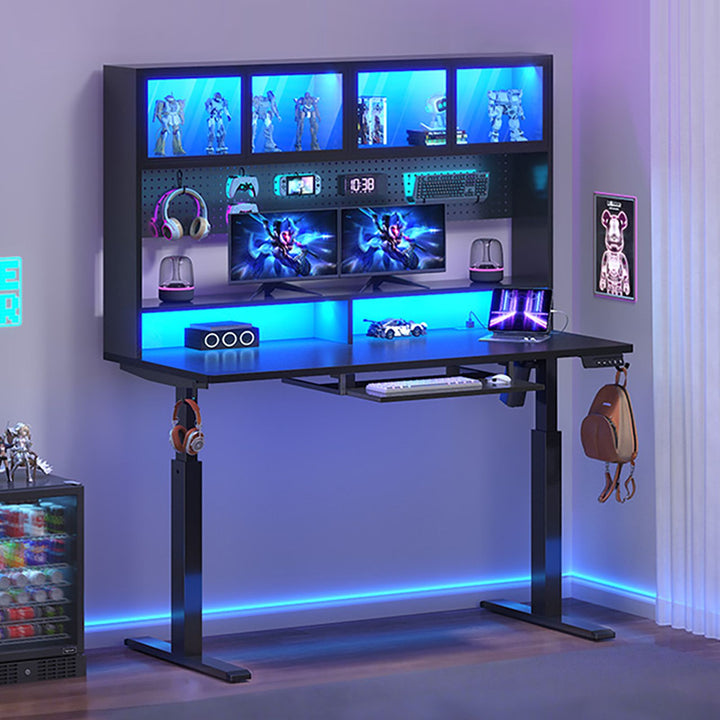 SEDETA 55 Inch Standing Desk Electric Height Adjustable Sit Stand Up Gaming Desk with Led Lights Power Outlet Storage Hutch and Pegboard