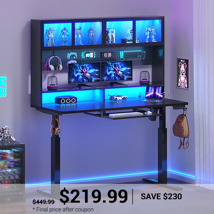 SEDETA® 55 Inch Height Adjustable Standing Desk Sit Stand Up Ergonomic Gaming Desk with Led Lights Power Outlet Pegboard Storage Hutch Monitor Shelf