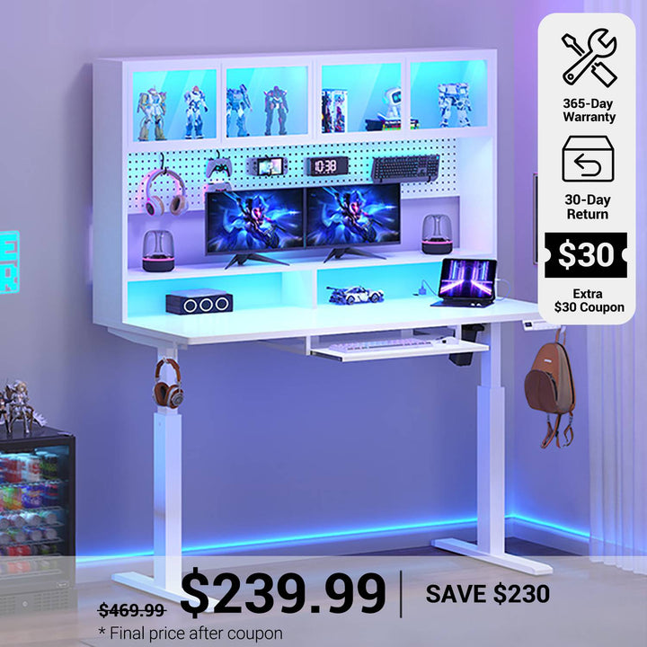 SEDETA 55 Inch Standing Desk Electric Height Adjustable Sit Stand Up Gaming Desk with Led Lights Power Outlet Storage Hutch and Pegboard