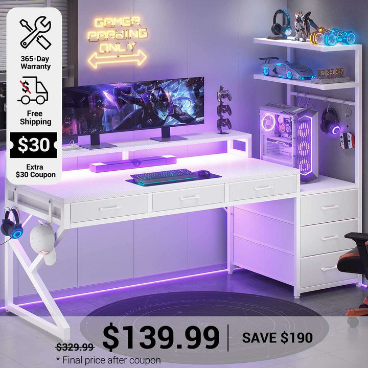 SEDETA 55 Inch Reversible Gaming Desk with 6 Drawers PC Desk with LED Lights Power Outlet Corner Computer Desk with Monitor Stand