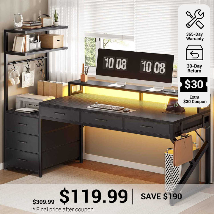 SEDETA® 55 Inch Reversible Corner Computer Desk with 6 Drawers Gaming Desk with LED Lights PC Desk with Power Outlet and Monitor Stand