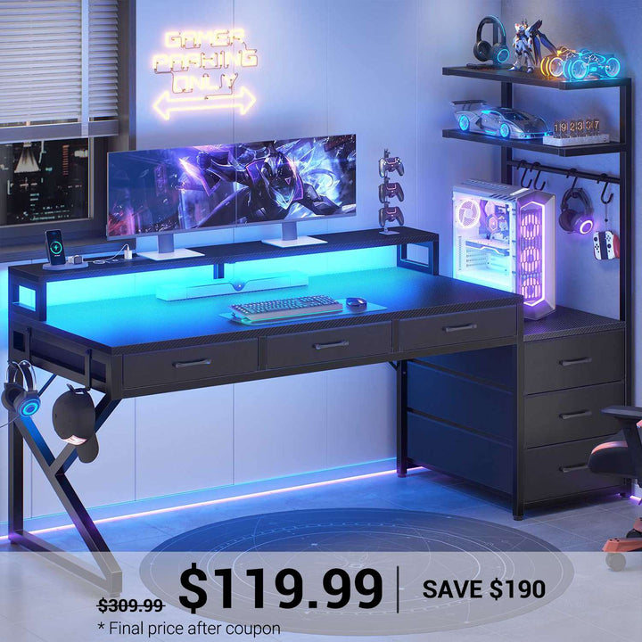 SEDETA® 55 Inch Reversible Corner Computer Desk with 6 Drawers Gaming Desk with LED Lights PC Desk with Power Outlet and Monitor Stand