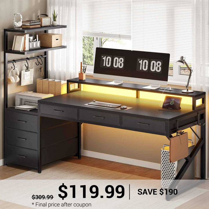 SEDETA® 55 Inch Reversible Corner Computer Desk with 6 Drawers Gaming Desk with LED Lights PC Desk with Power Outlet and Monitor Stand