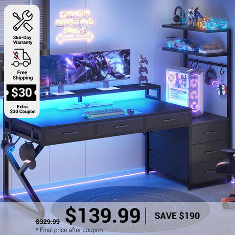 SEDETA 55 Inch Reversible Gaming Desk with 6 Drawers PC Desk with LED Lights Power Outlet Corner Computer Desk with Monitor Stand