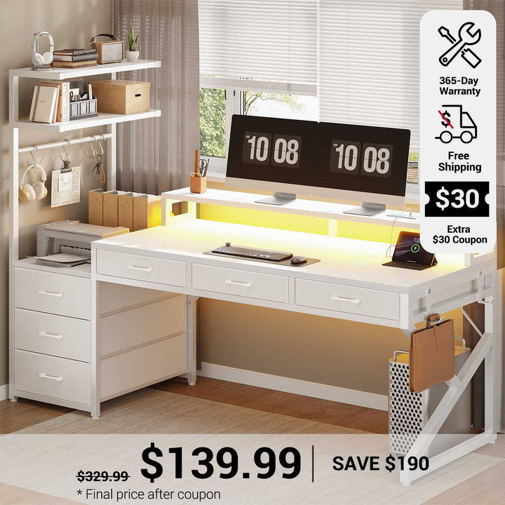 SEDETA 55 Inch Reversible Gaming Desk with 6 Drawers PC Desk with LED Lights Power Outlet Corner Computer Desk with Monitor Stand