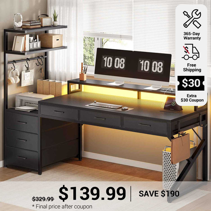SEDETA 55 Inch Reversible Gaming Desk with 6 Drawers PC Desk with LED Lights Power Outlet Corner Computer Desk with Monitor Stand
