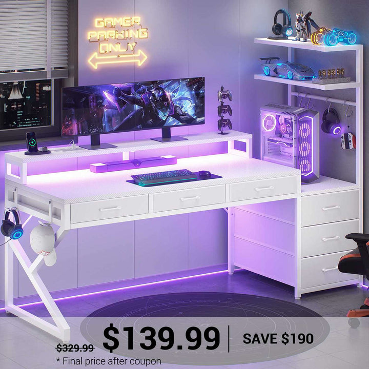 SEDETA 55 Inch Reversible Gaming Desk with 6 Drawers PC Desk with LED Lights Power Outlet Corner Computer Desk with Monitor Stand