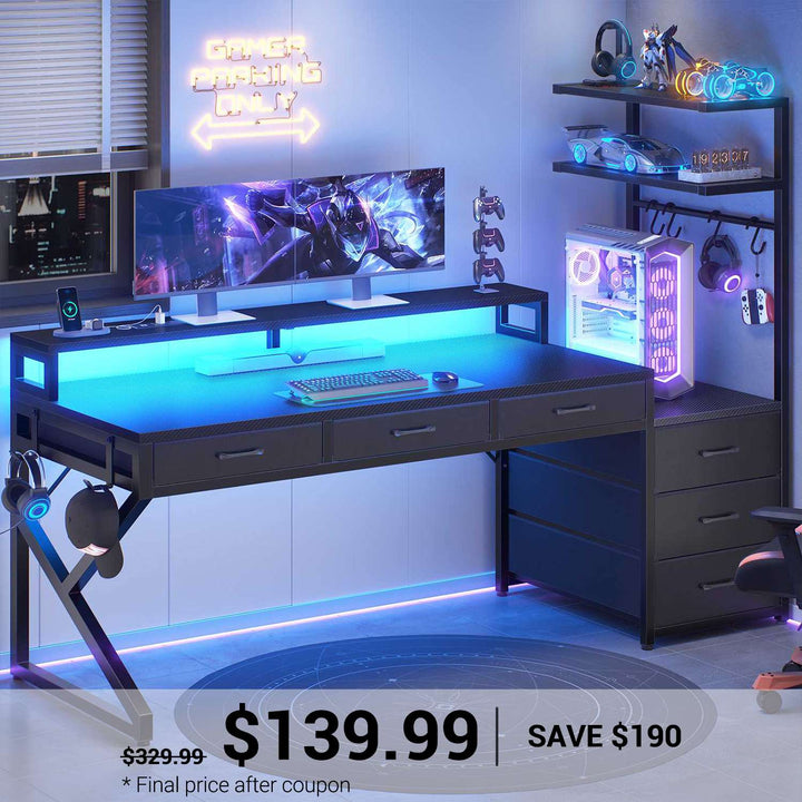 SEDETA 55 Inch Reversible Gaming Desk with 6 Drawers PC Desk with LED Lights Power Outlet Corner Computer Desk with Monitor Stand