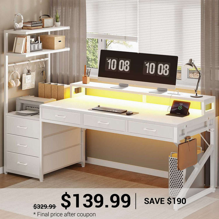 SEDETA 55 Inch Reversible Gaming Desk with 6 Drawers PC Desk with LED Lights Power Outlet Corner Computer Desk with Monitor Stand